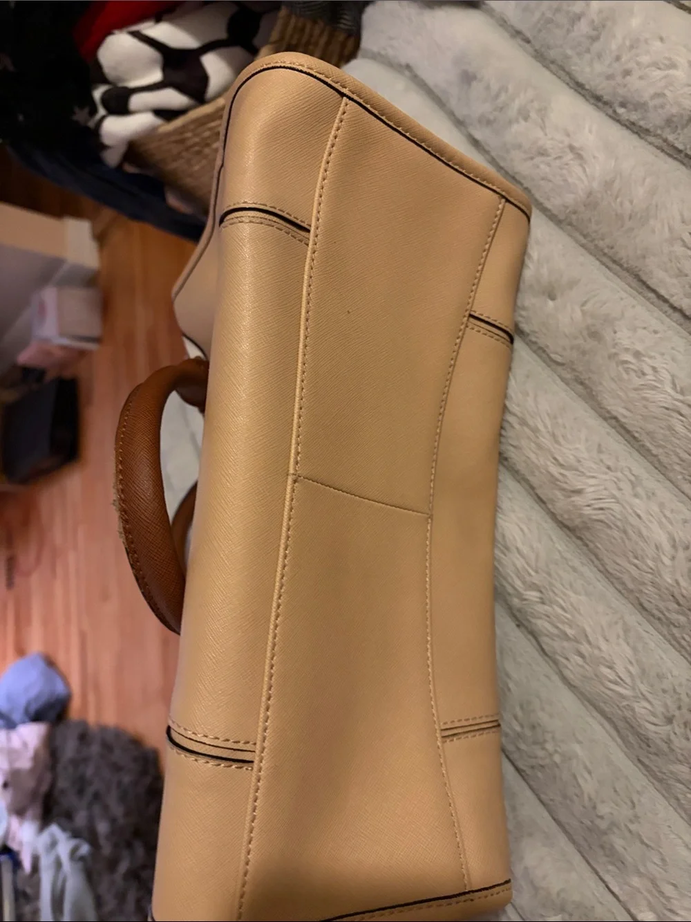 Calvin Klein Two-Tone Beige and White Leather Satchel with Brown Handle